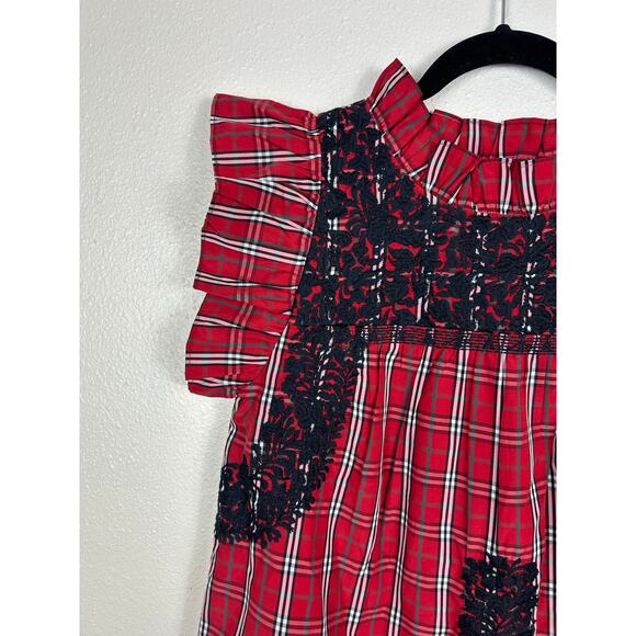 J. Marie Rayna Embroidered Ruffle Plaid Top Small Red Cottage Preppy - Picture 6 of 9